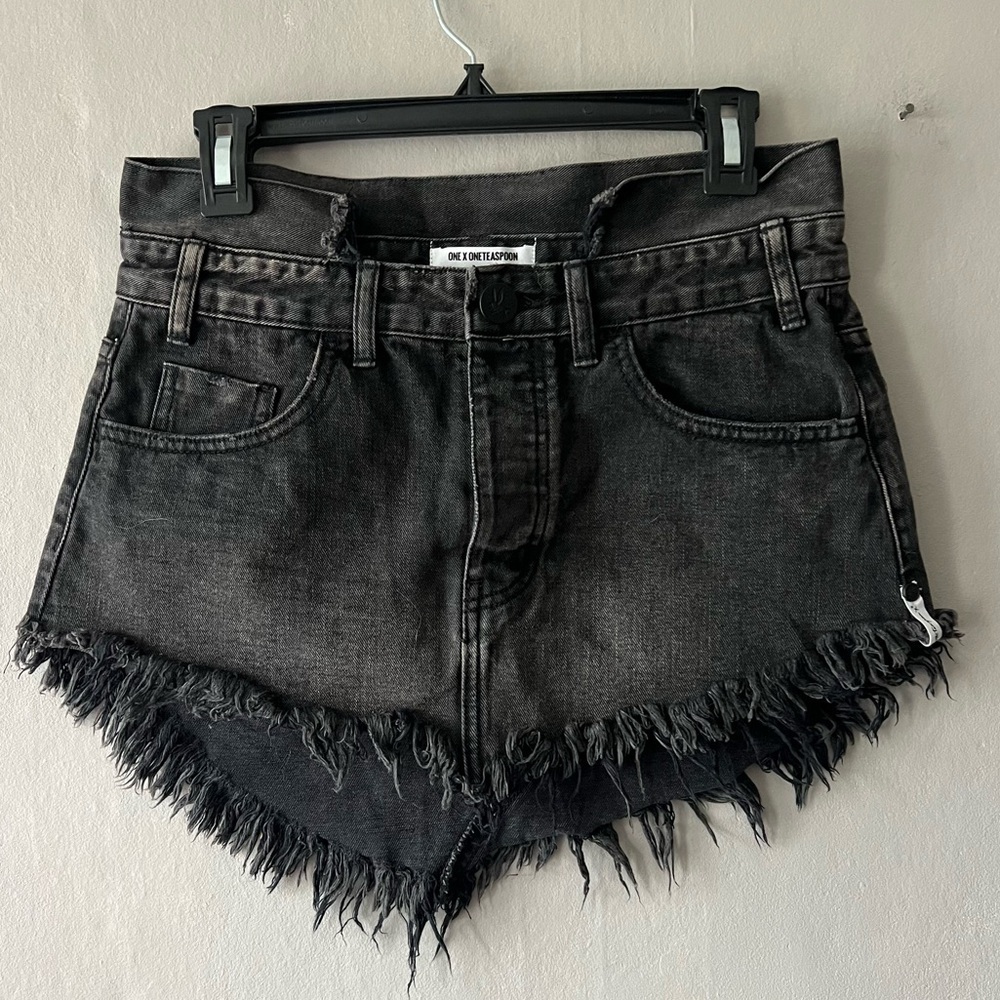 One Teaspoon Black 4040 Raw Hem Button Fly Micro Mini Skirt Denim Size 24